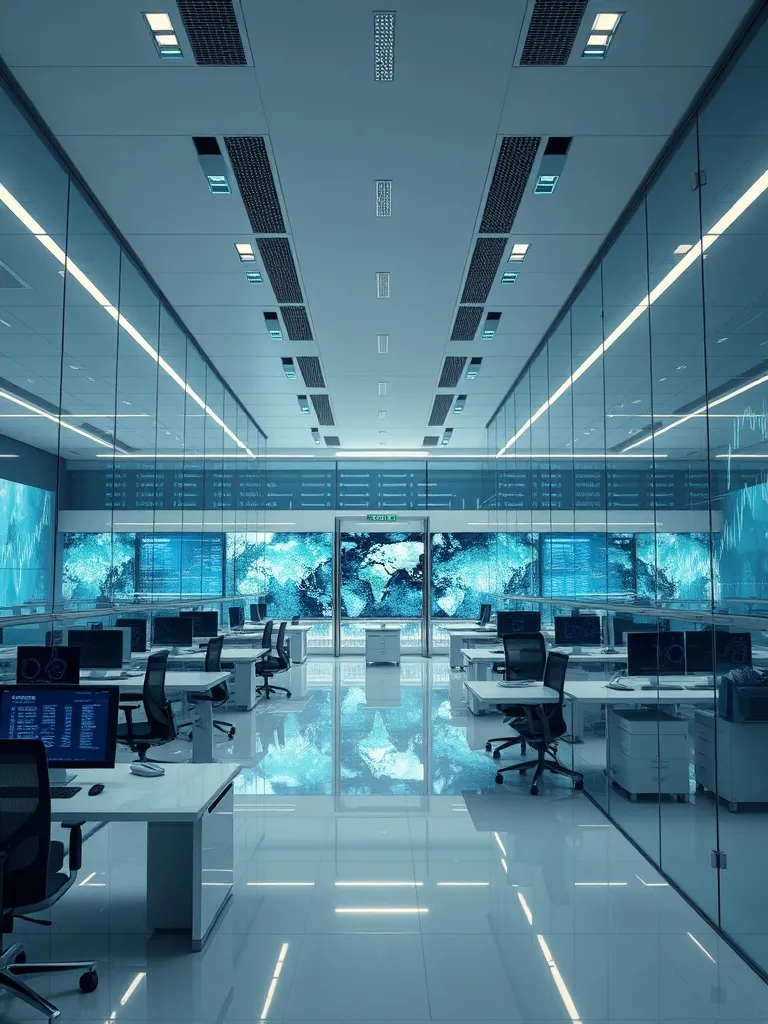 A high-tech financial office with glass walls, clean lines,