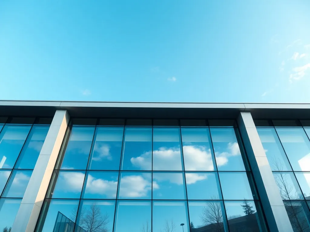 A modern minimalist office building with large glass windows