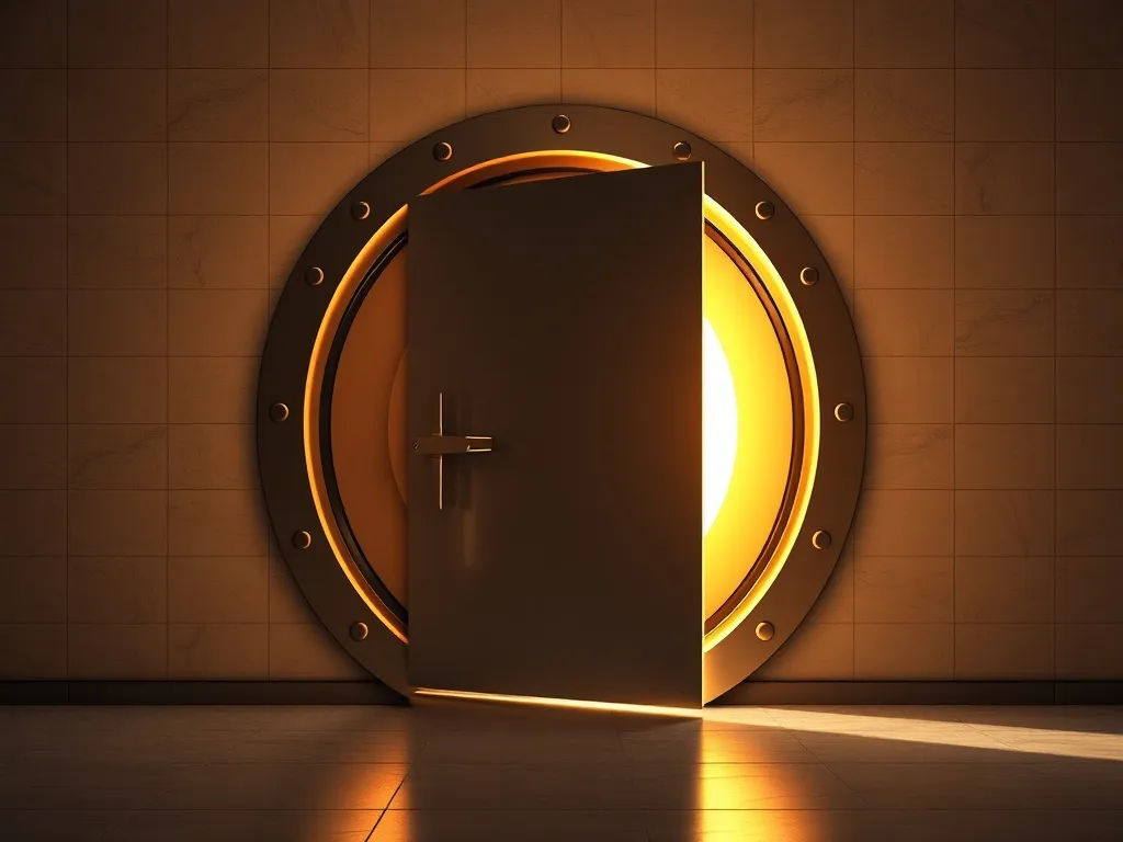 A secure vault door partially open, revealing golden light,